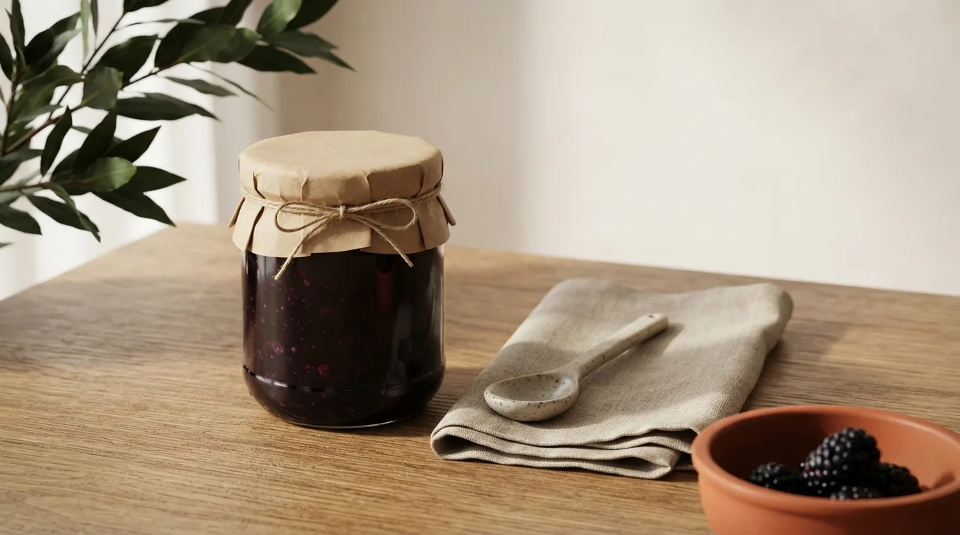 Blackberry preserve jar with terracotta bowl of berries