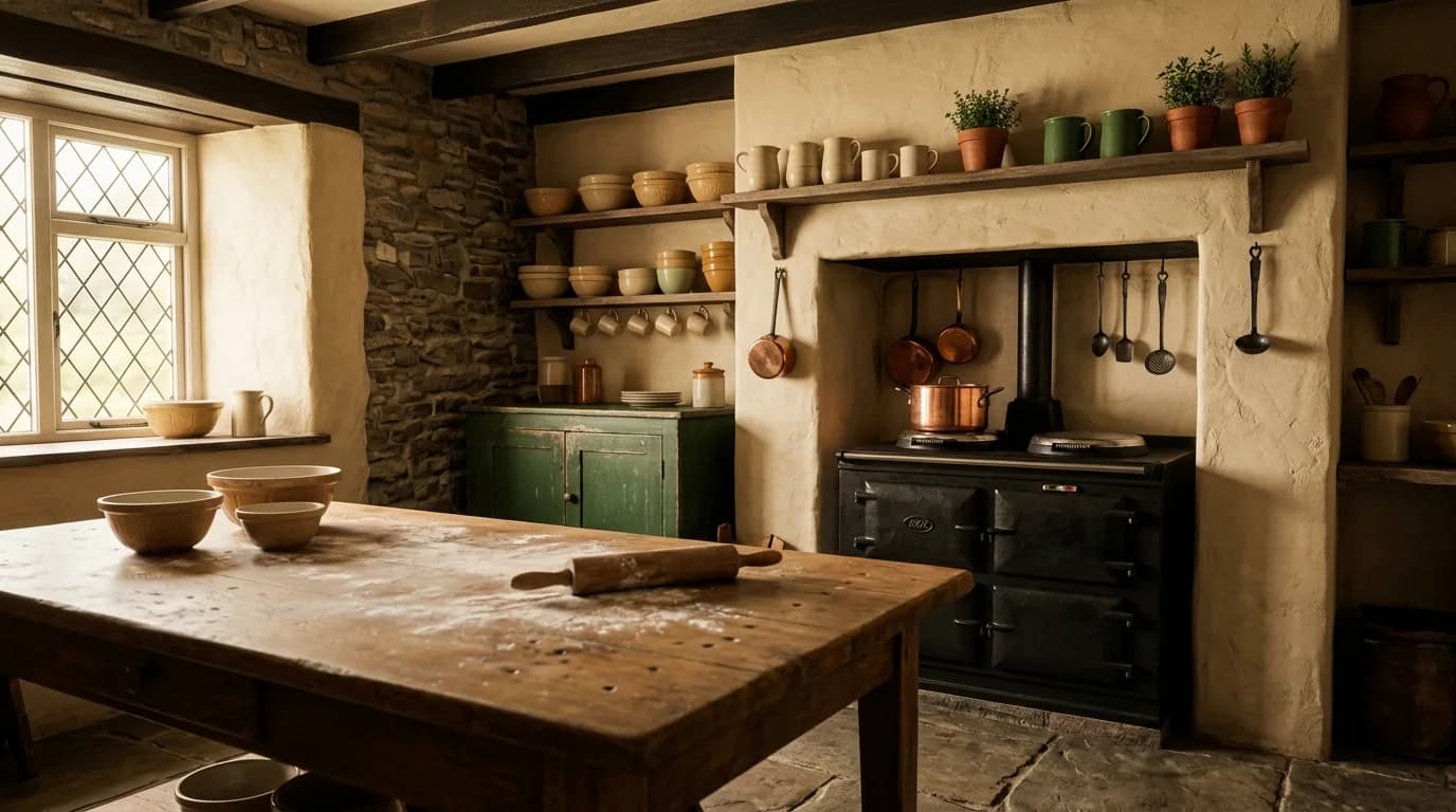 Empty farmhouse kitchen with copper pot and flour-dusted table