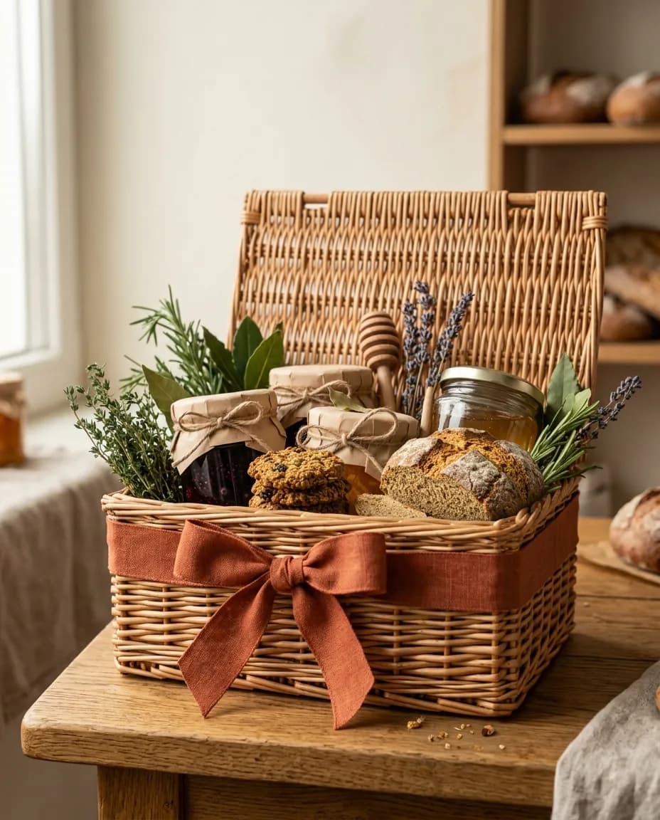 Open gift hamper with preserves and bread